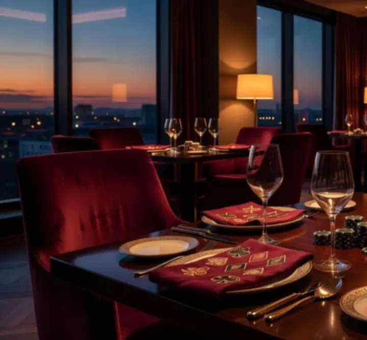 Stylowe wnętrze restauracyjno-pokerowego lounge z elegancko podanym menu