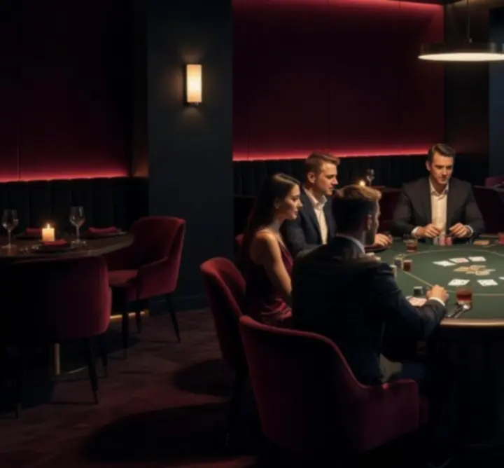 Nastrojowa sala restauracyjna z gośćmi przy stolikach pokerowych