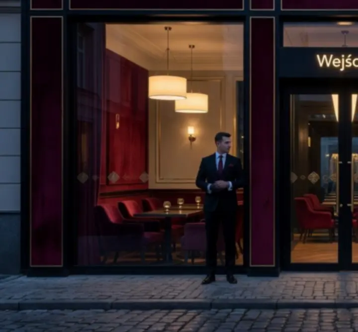 Wejście do eleganckiej restauracji Polska Gastro Nights w wieczornej atmosferze