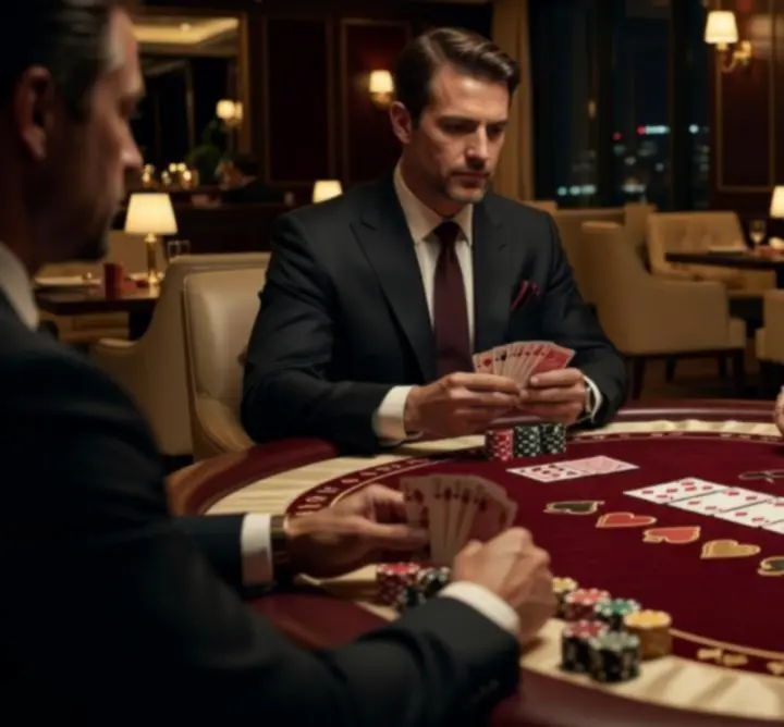 Profesjonalny stół pokerowy z gośćmi w eleganckiej restauracji